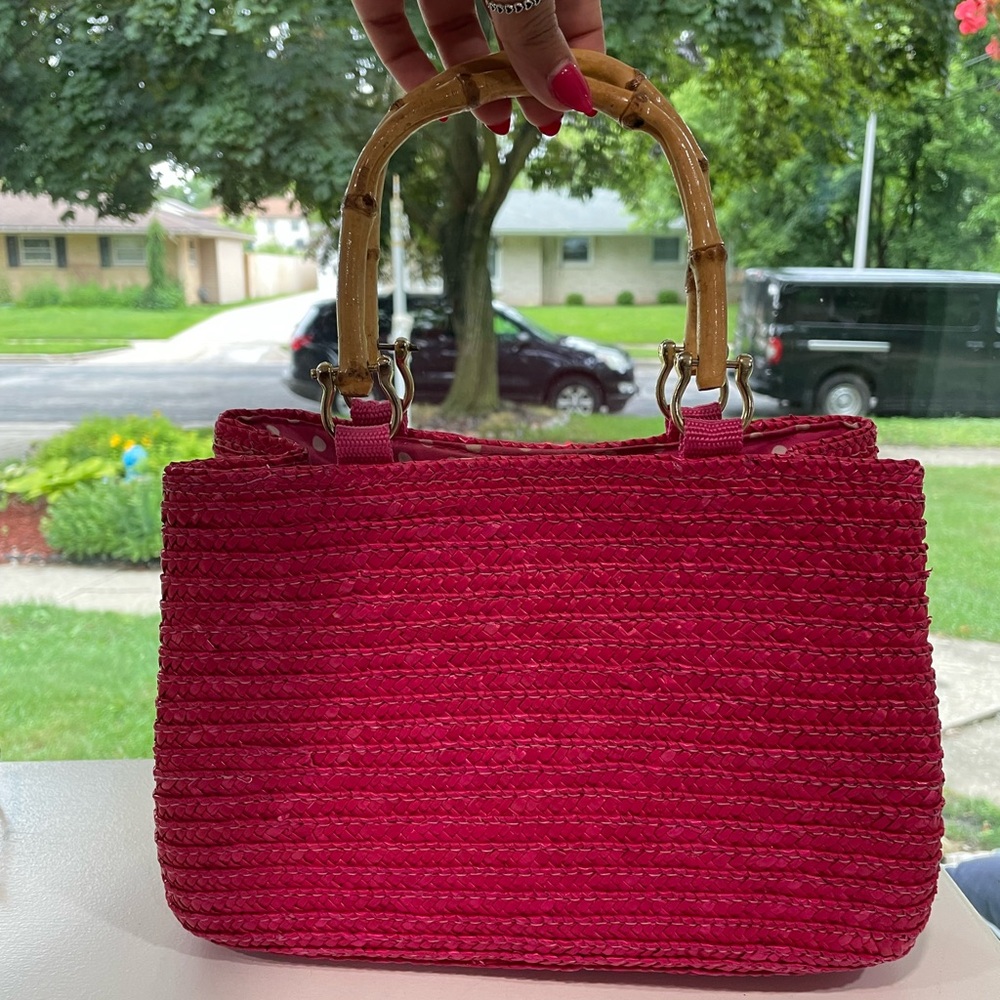 Vintage-Inspired Sonoma Pink Straw Bag | Bamboo Handles + Polka Dot Lining - Picture 1 of 4